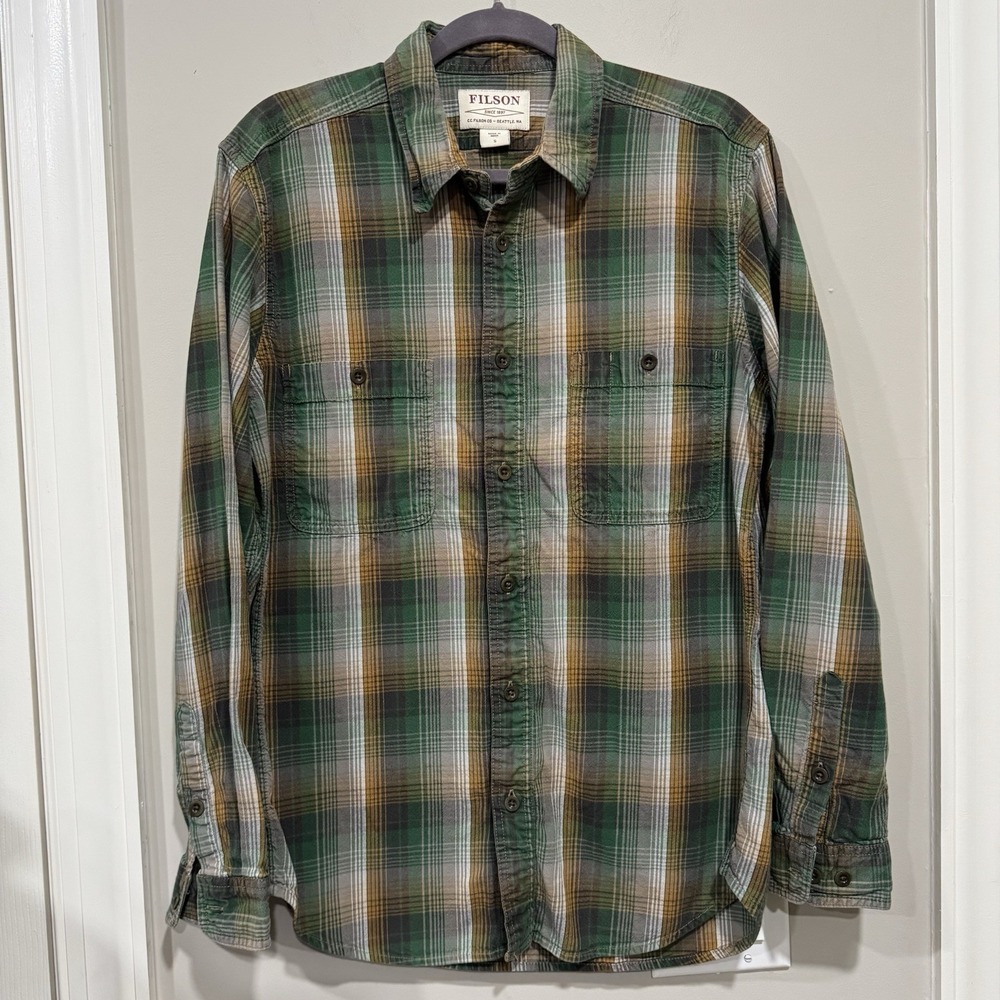 CC Filson‎ Shirt Mens S Green Gold Plaid Wildwood Twill Utility Gorpcore Work